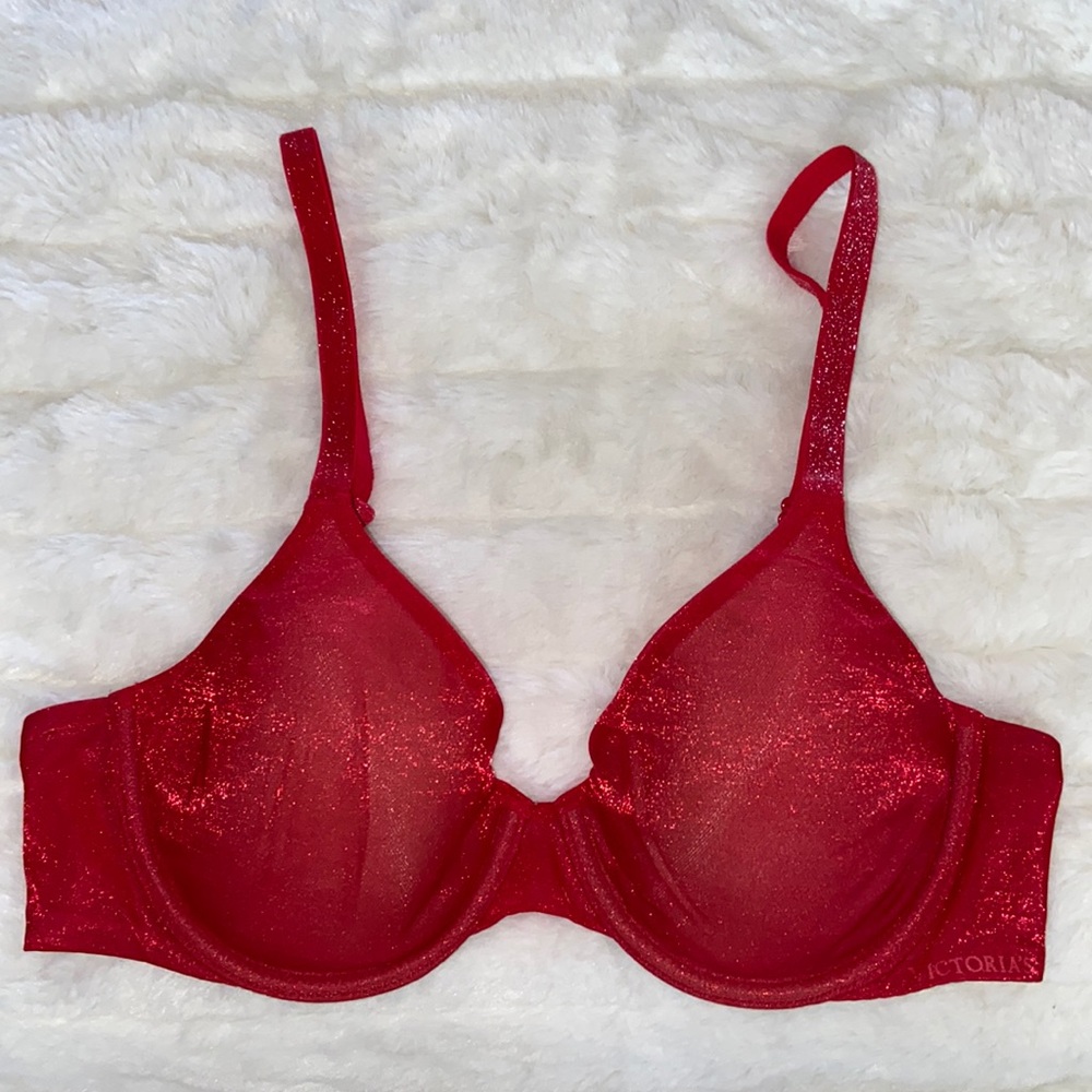 VICTORIA'S SECRET Lined Perfect Coverage Bra Shimmer Sparkle Underwired Red 34B
